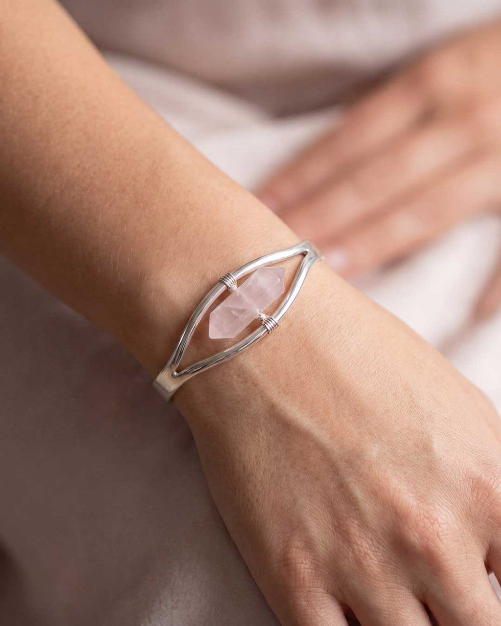Silver Rose Quartz Point Cuff Bracelet — Adjustable Crystal Jewelry - Bracelets