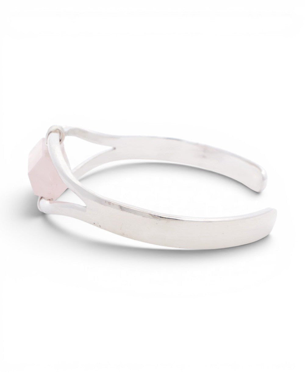 Silver Rose Quartz Point Cuff Bracelet — Adjustable Crystal Jewelry - Bracelets