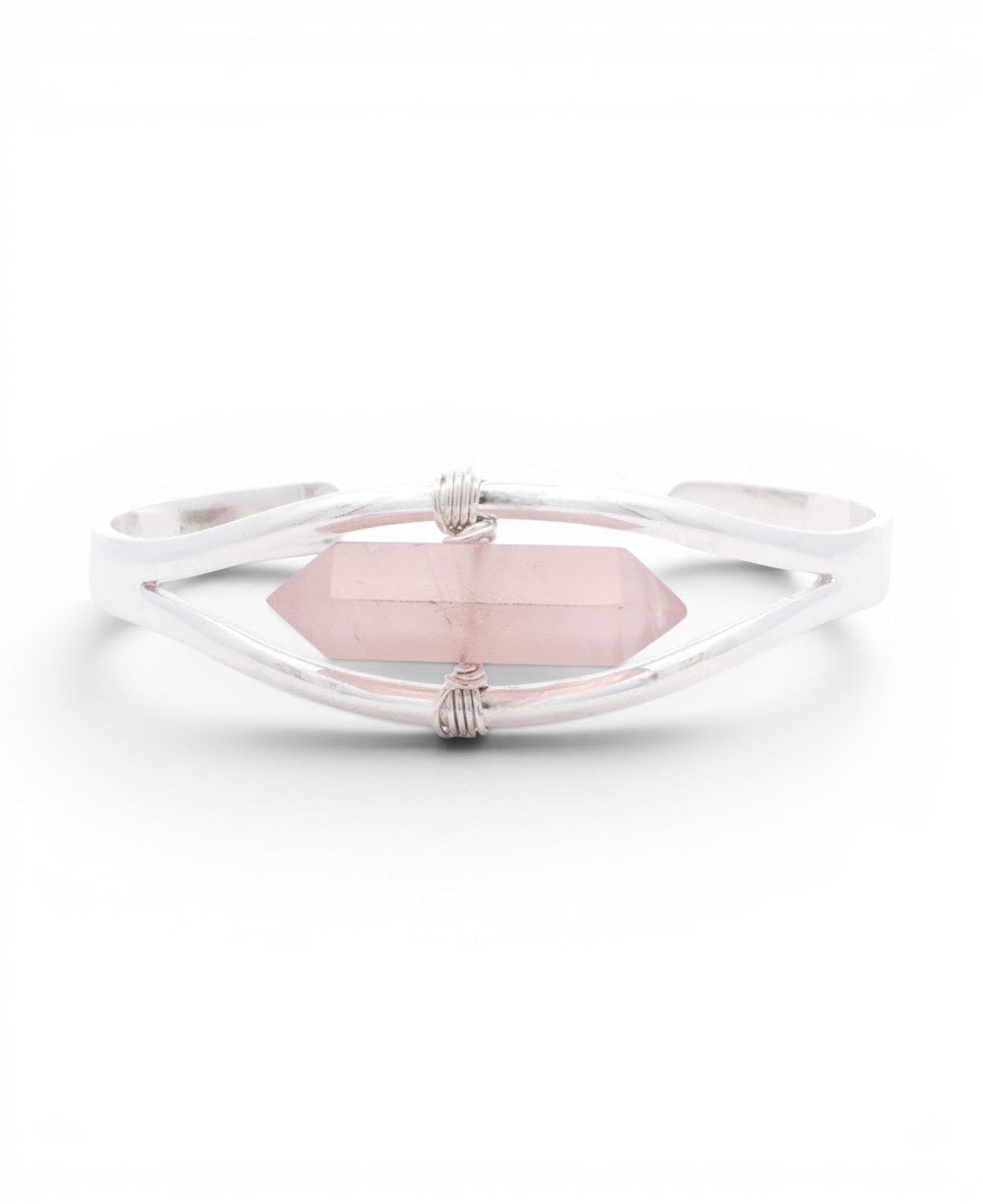 Silver Rose Quartz Point Cuff Bracelet — Adjustable Crystal Jewelry - Bracelets