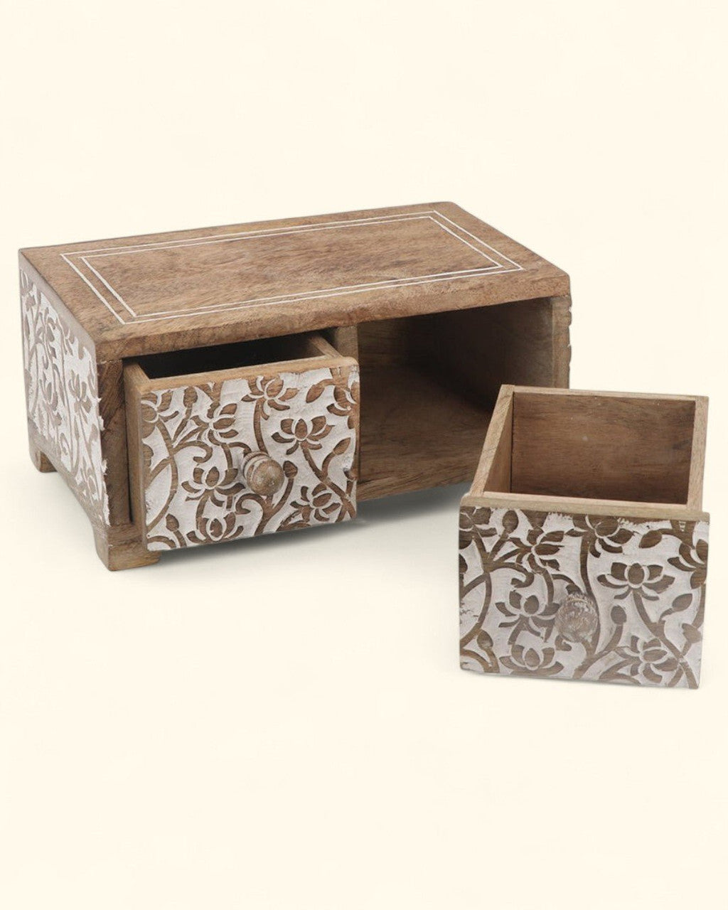 Small Tabletop Carved Wood Lotus Pedestal Riser With Drawers - Computer Risers & Stands