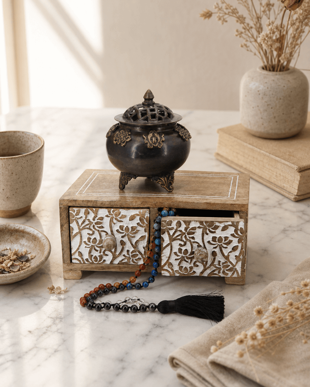 Small Tabletop Carved Wood Lotus Pedestal Riser With Drawers - Computer Risers & Stands