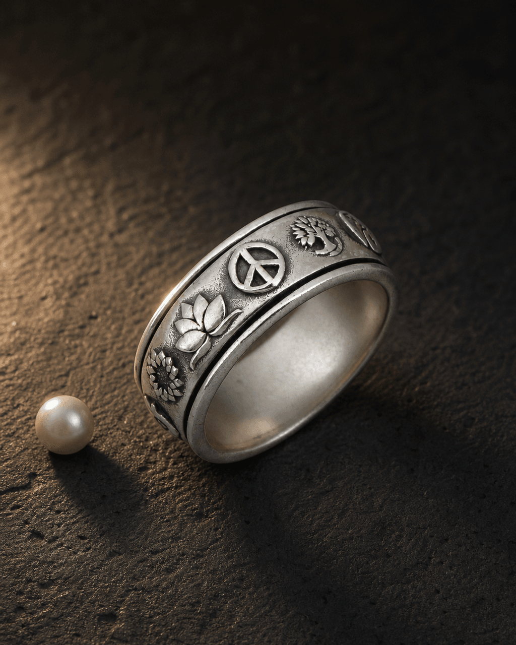 Soulful Symbols Spinner Ring – Sterling Silver Rotating Meditation Band - Rings Size 6