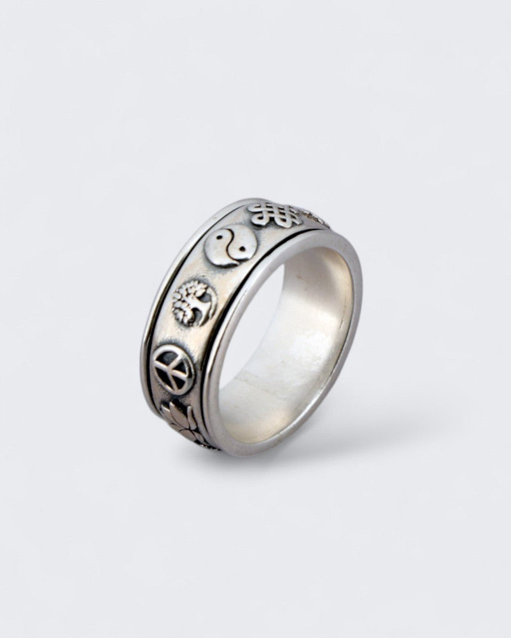 Soulful Symbols Spinner Ring – Sterling Silver Rotating Meditation Band - Rings Size 6