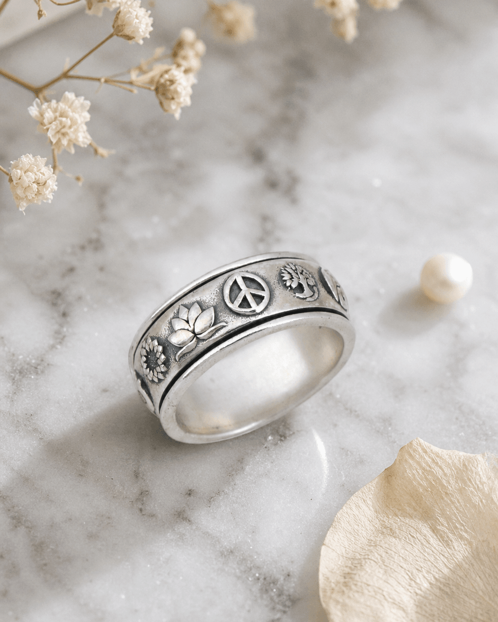 Soulful Symbols Spinner Ring – Sterling Silver Rotating Meditation Band - Rings Size 6