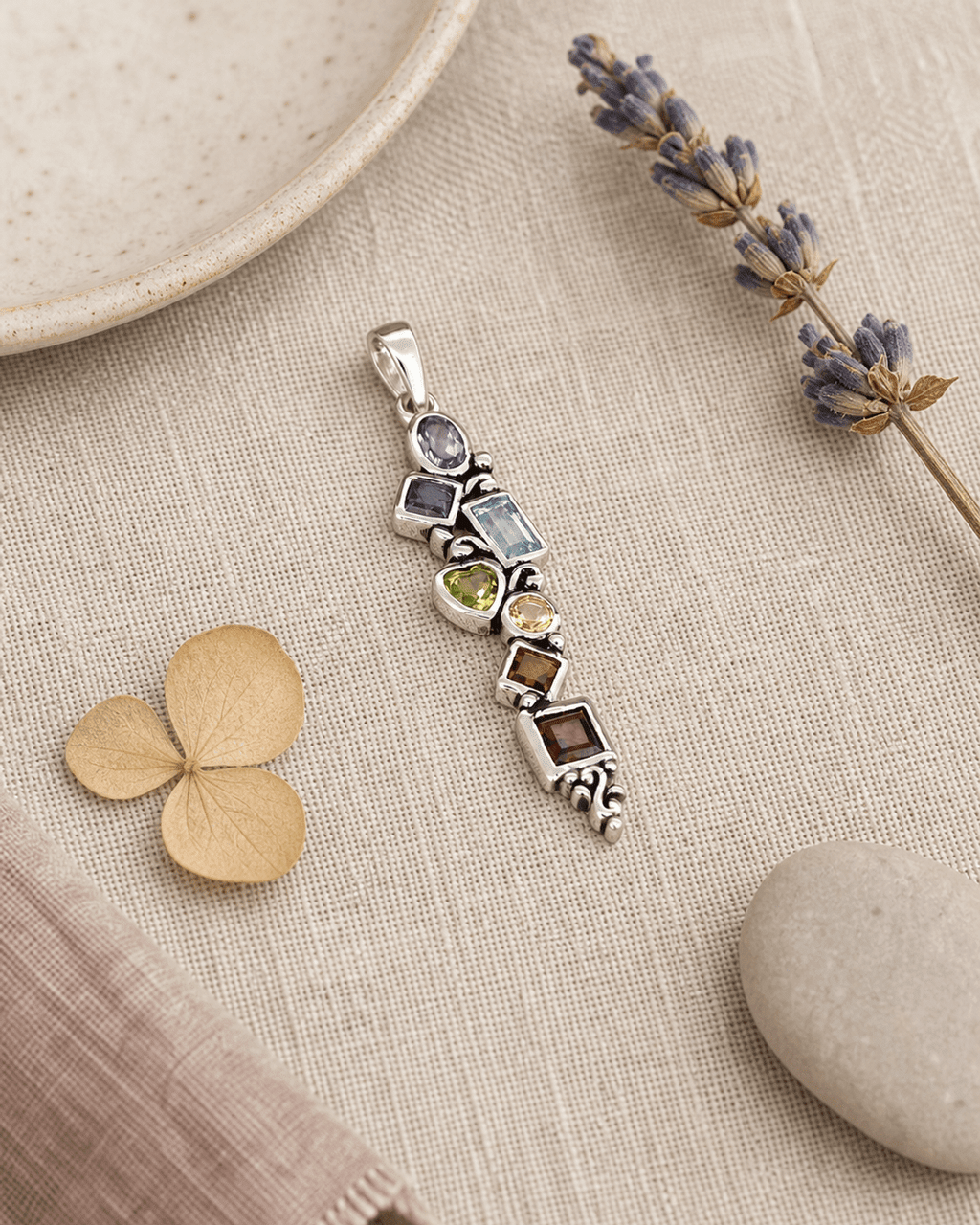 Stacked Geometry Chakra Pendant – Silver with Seven Genuine Gemstones - Charms & Pendants Silver Plated
