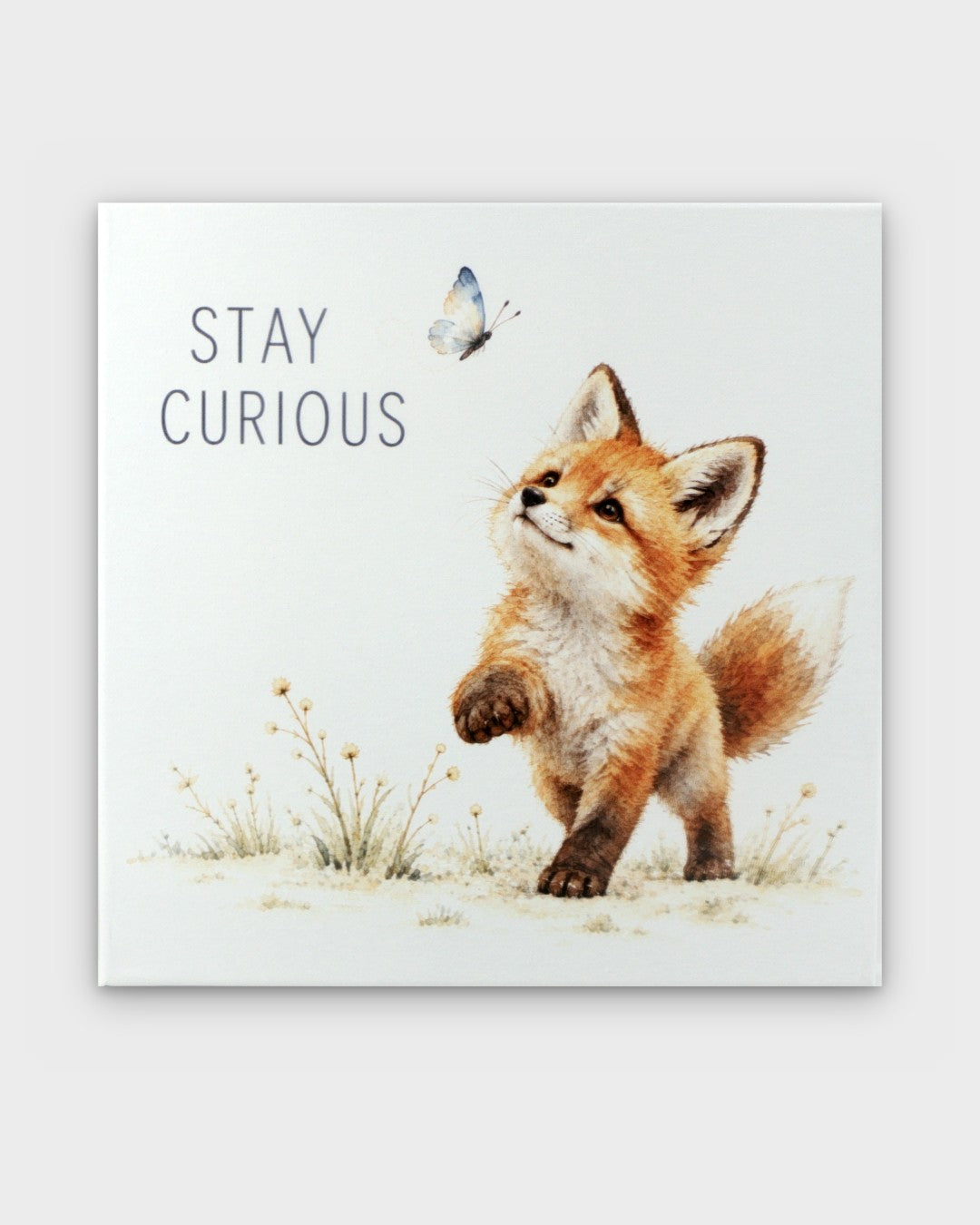 Stay Curious watercolor fox canvas wall art, front view showing fox kit gazing up at a butterfly above wildflowers