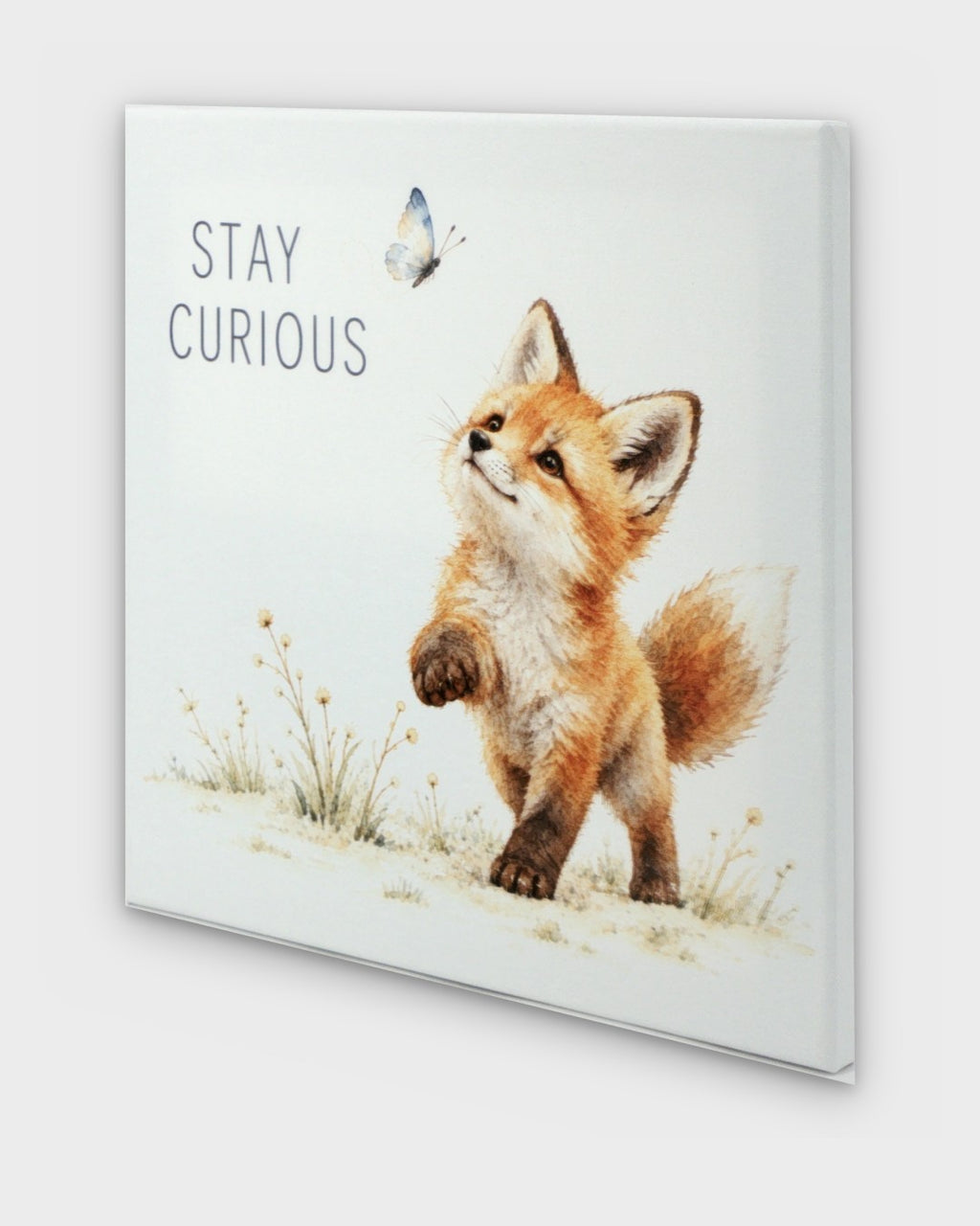 Stay Curious watercolor fox canvas wall art shown at a side angle, revealing canvas depth and wrapped edges