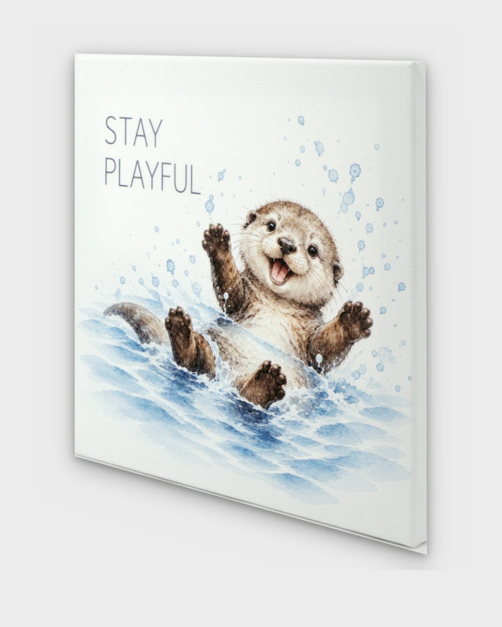 Stay Playful watercolor otter canvas wall art, angled side view showing canvas depth and wrapped edges