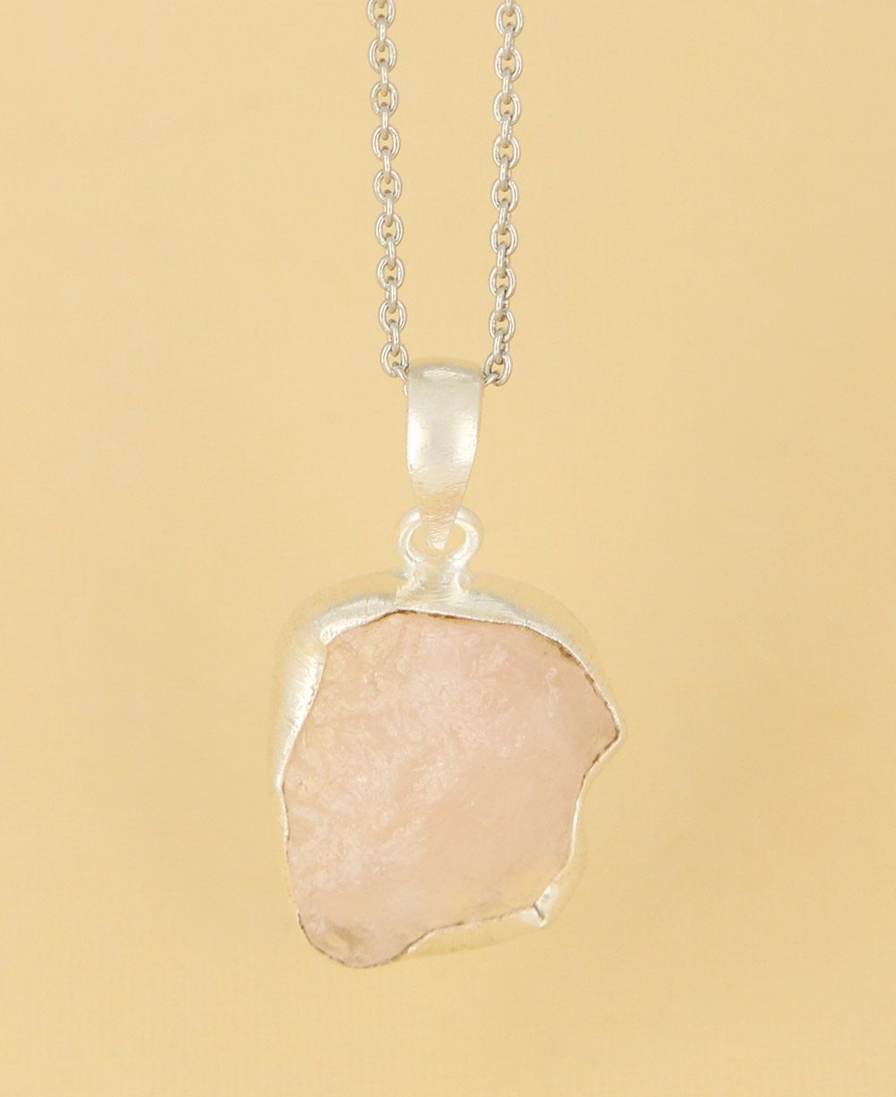 Sterling Silver and Raw Cut Rose Quartz Crystal Necklace - Necklaces