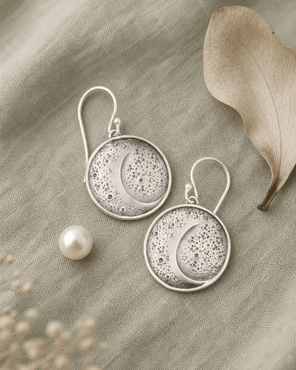 Sterling Silver Artistic Moon Earrings – Textured Celestial Disc Design - Earrings