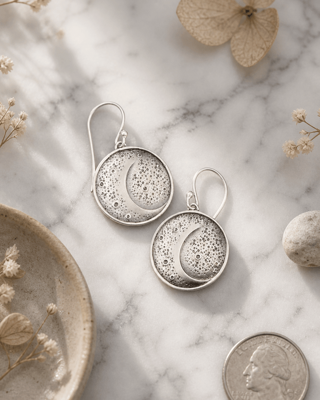 Sterling Silver Artistic Moon Earrings – Textured Celestial Disc Design - Earrings