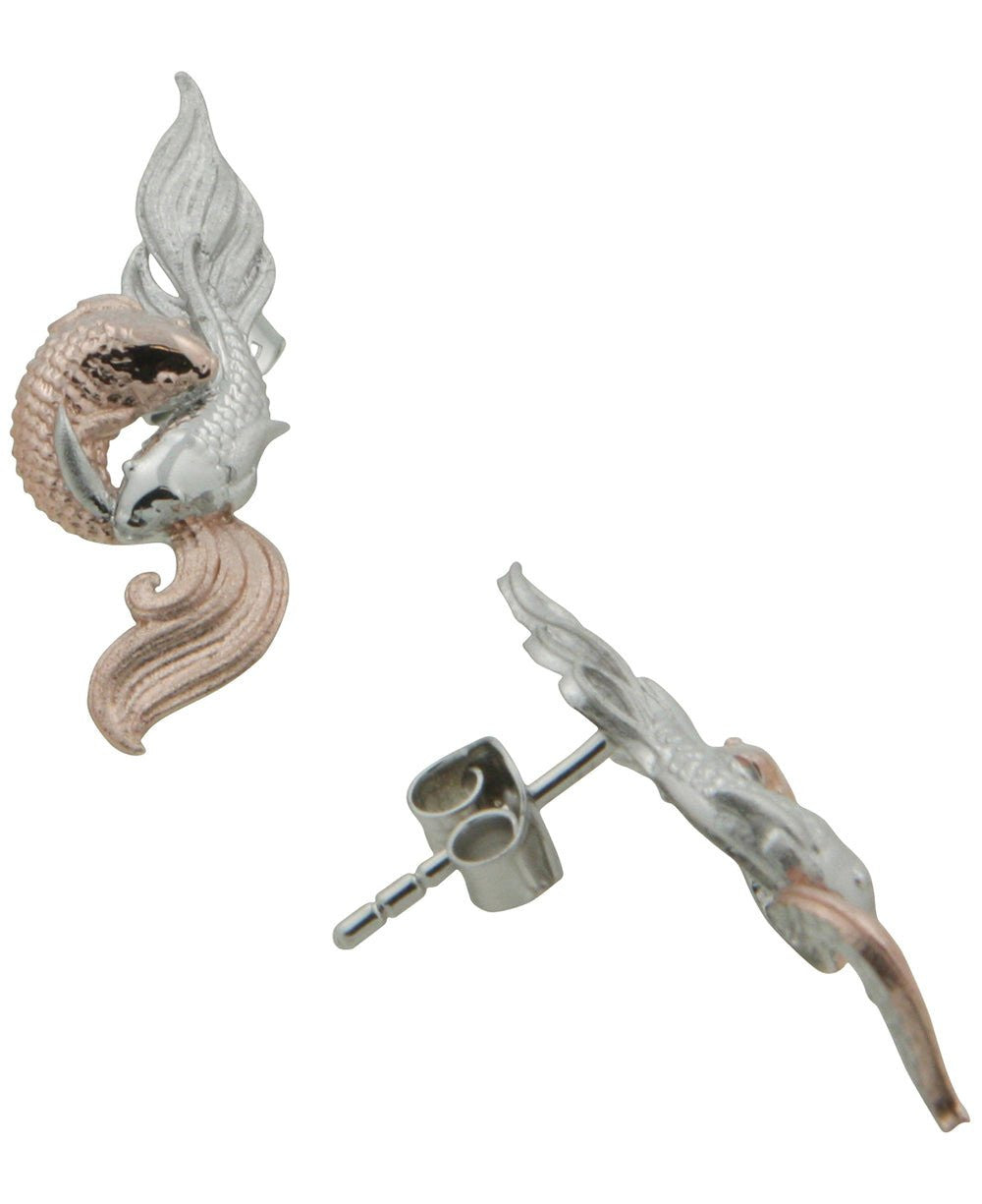 Sterling Silver Auspicious Symbol Fish Earrings with Rose Gold - Earrings
