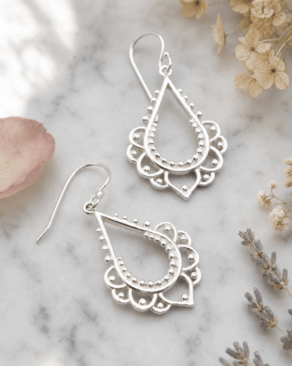 Sterling Silver Beaded Lotus Earrings - Earrings