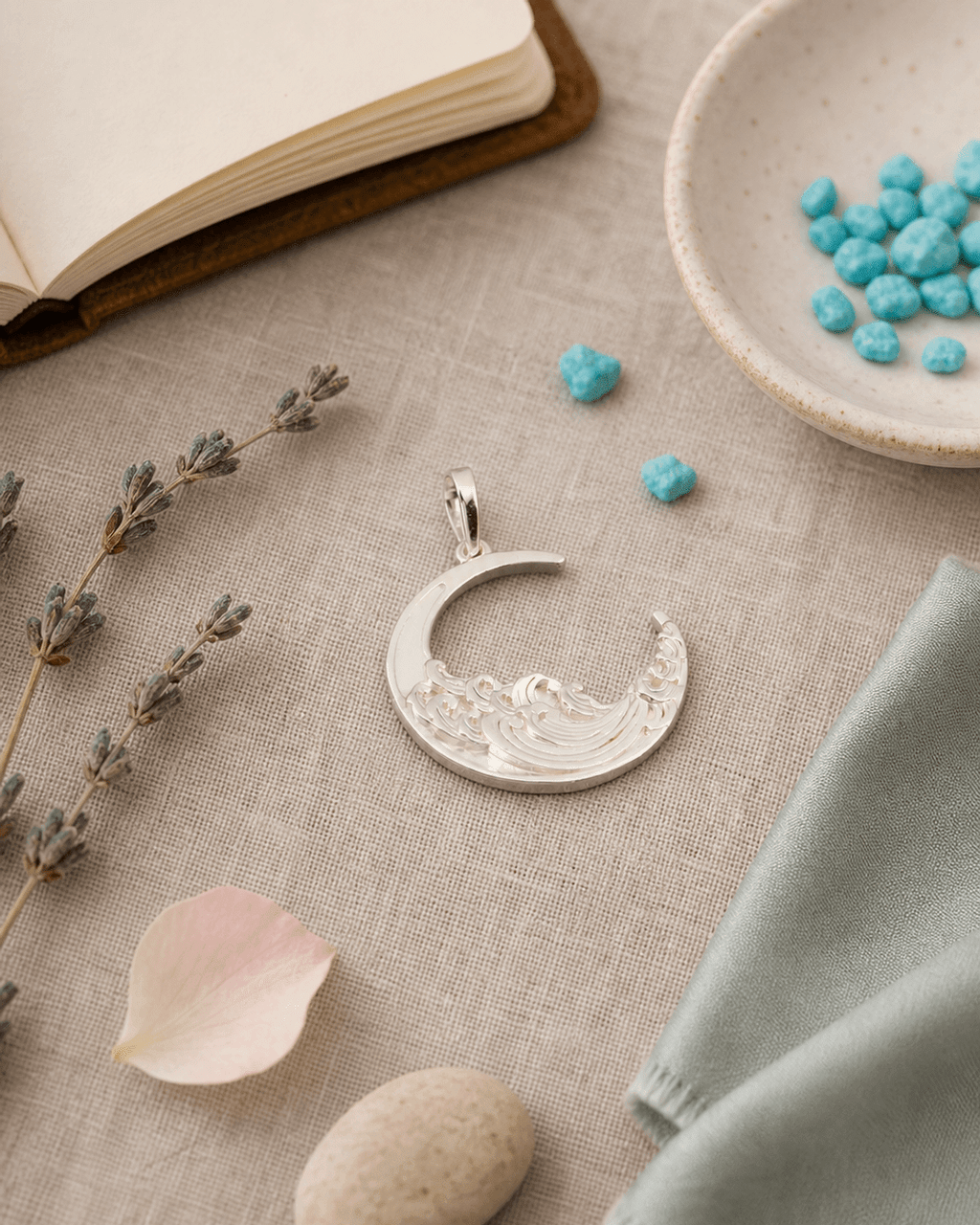 Sterling Silver Crescent Moon and Ocean Wave Pendant – Symbol of Intuition and Life's Flow - Pendant