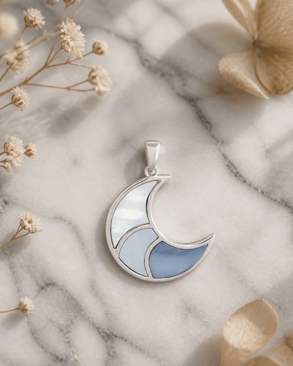 Sterling Silver Crescent Moon & Ocean Pendant – Three - Tone Mother of Pearl Inlay, Rhodium - Plated - Pendant