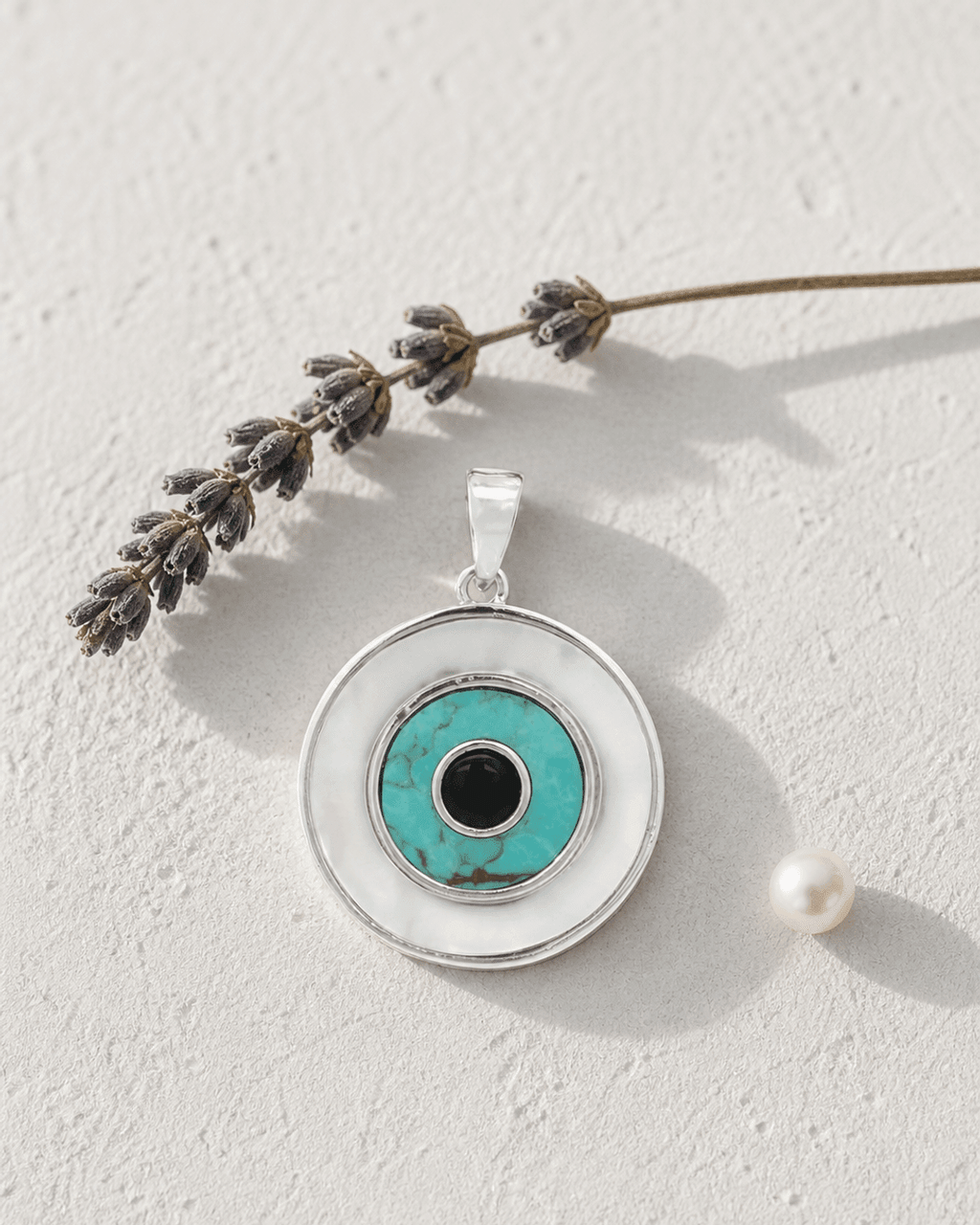 Sterling Silver Evil Eye Inlay Pendant – Turquoise, Mother of Pearl, and Onyx - Pendant