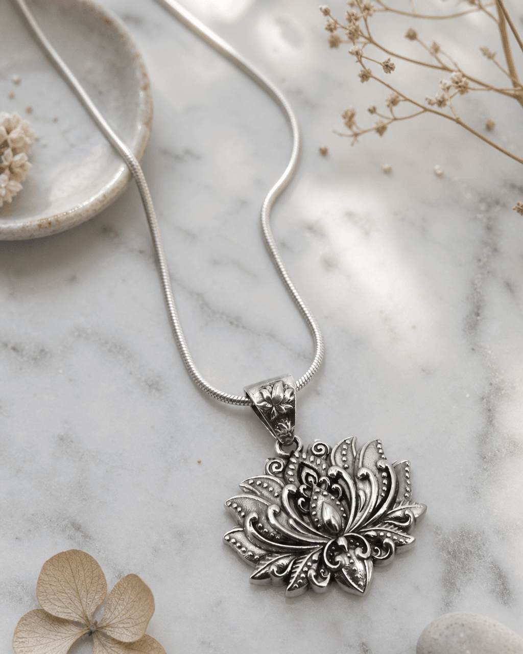 Sterling Silver Full Bloom Lotus Necklace - Necklaces 16 Inches