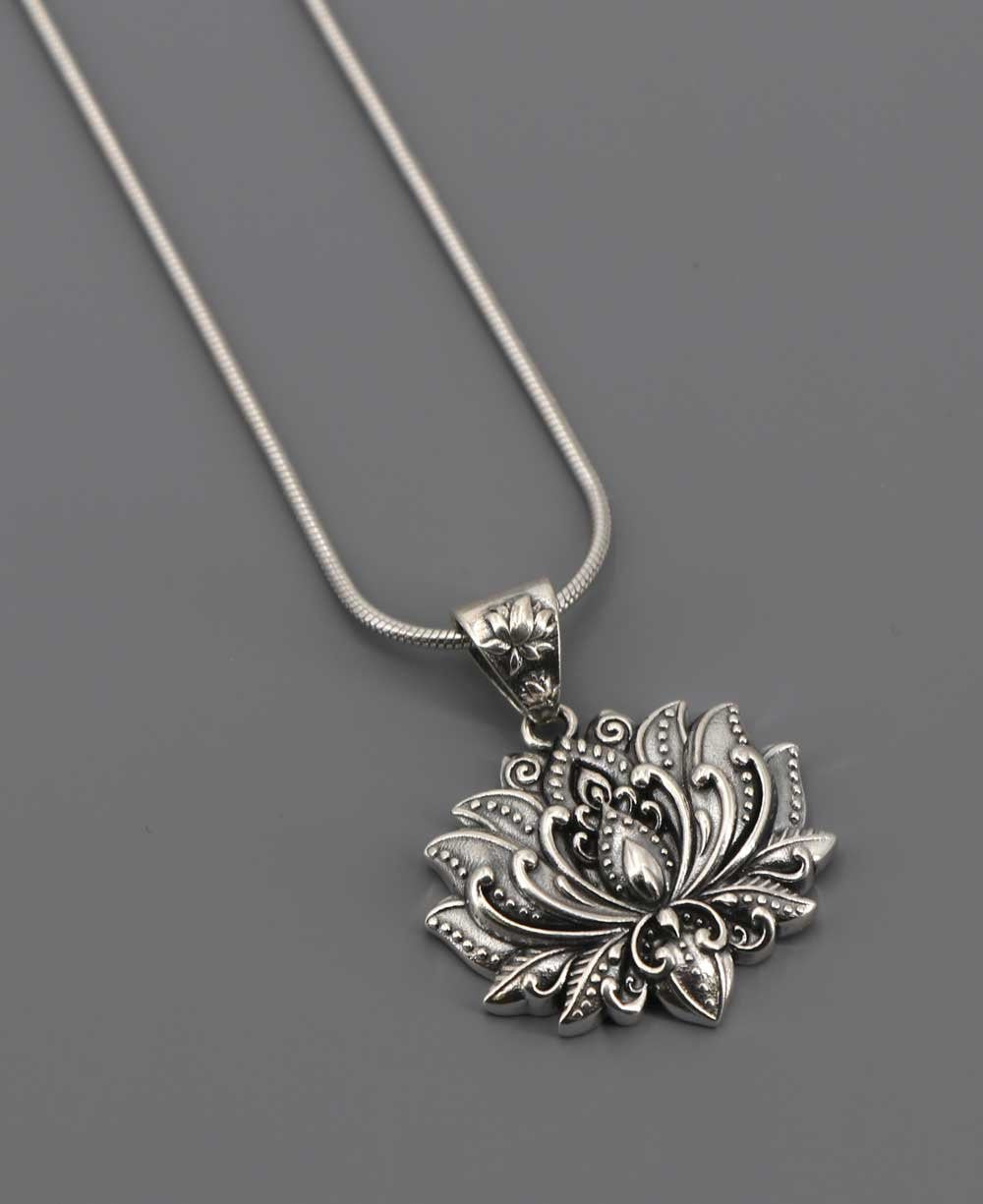 Sterling Silver Full Bloom Lotus Necklace - Necklaces 16 Inches