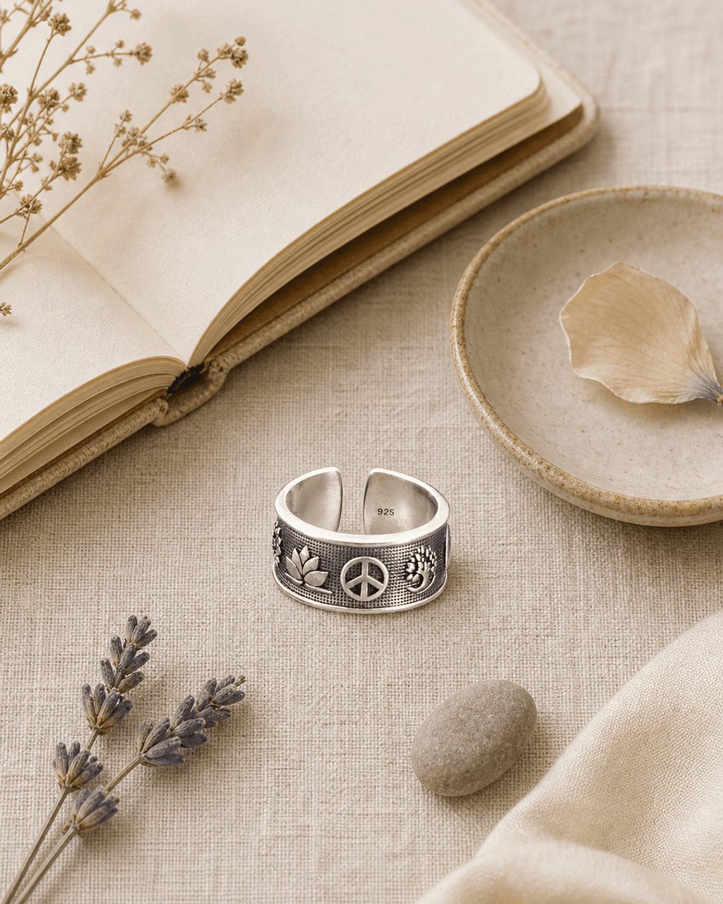 Sterling Silver Intention Symbol Ring – Adjustable Band with Lotus, Tree of Life, Yin Yang - Rings