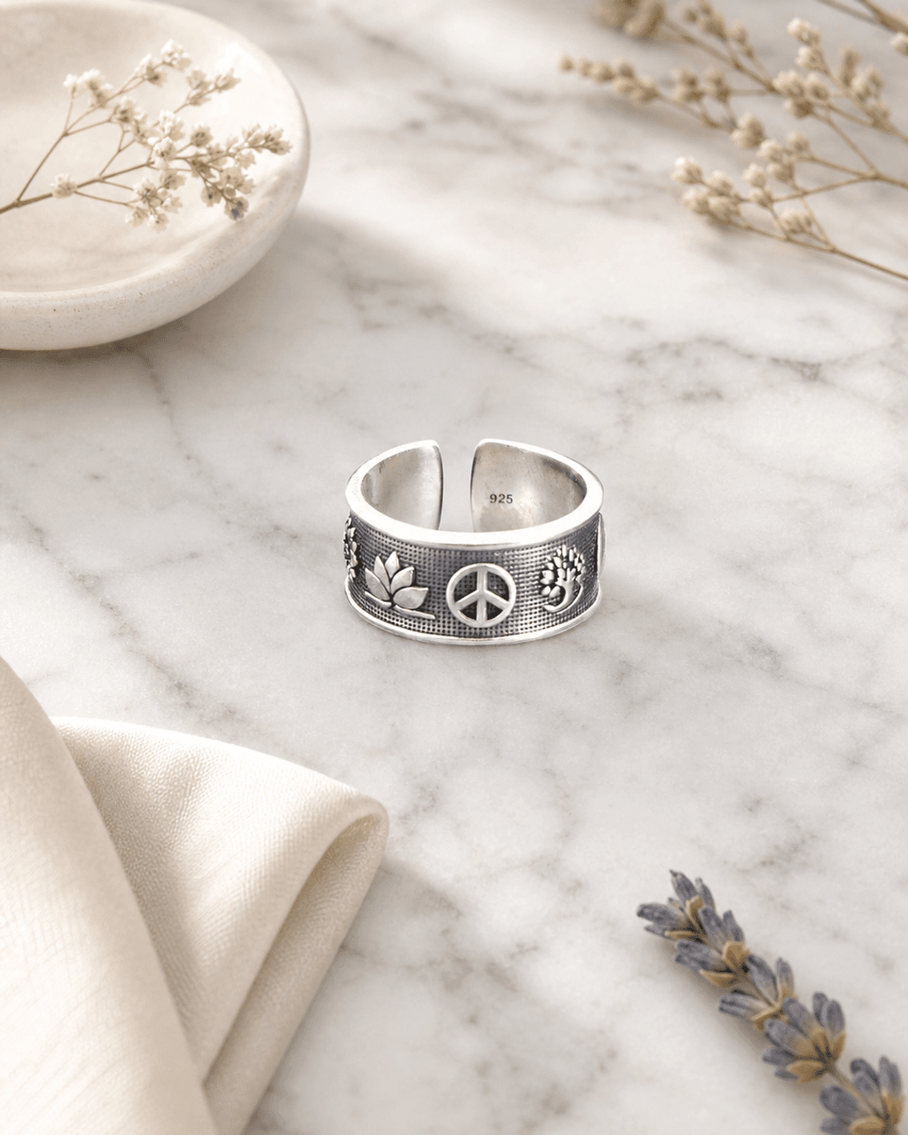 Sterling Silver Intention Symbol Ring – Adjustable Band with Lotus, Tree of Life, Yin Yang - Rings