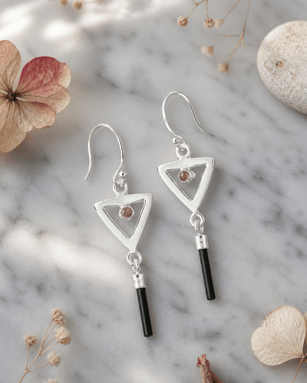 Sterling Silver Inverted Delta Earrings with Pink and Green Tourmaline - Earrings