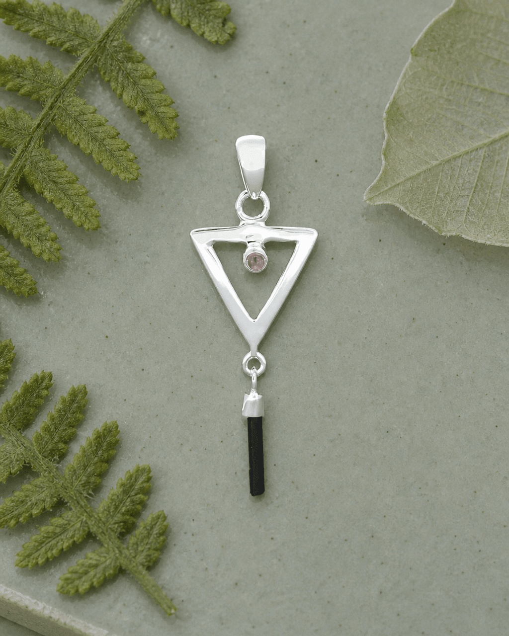 Sterling Silver Inverted Delta Pendant with Pink and Green Tourmaline - Charms & Pendants