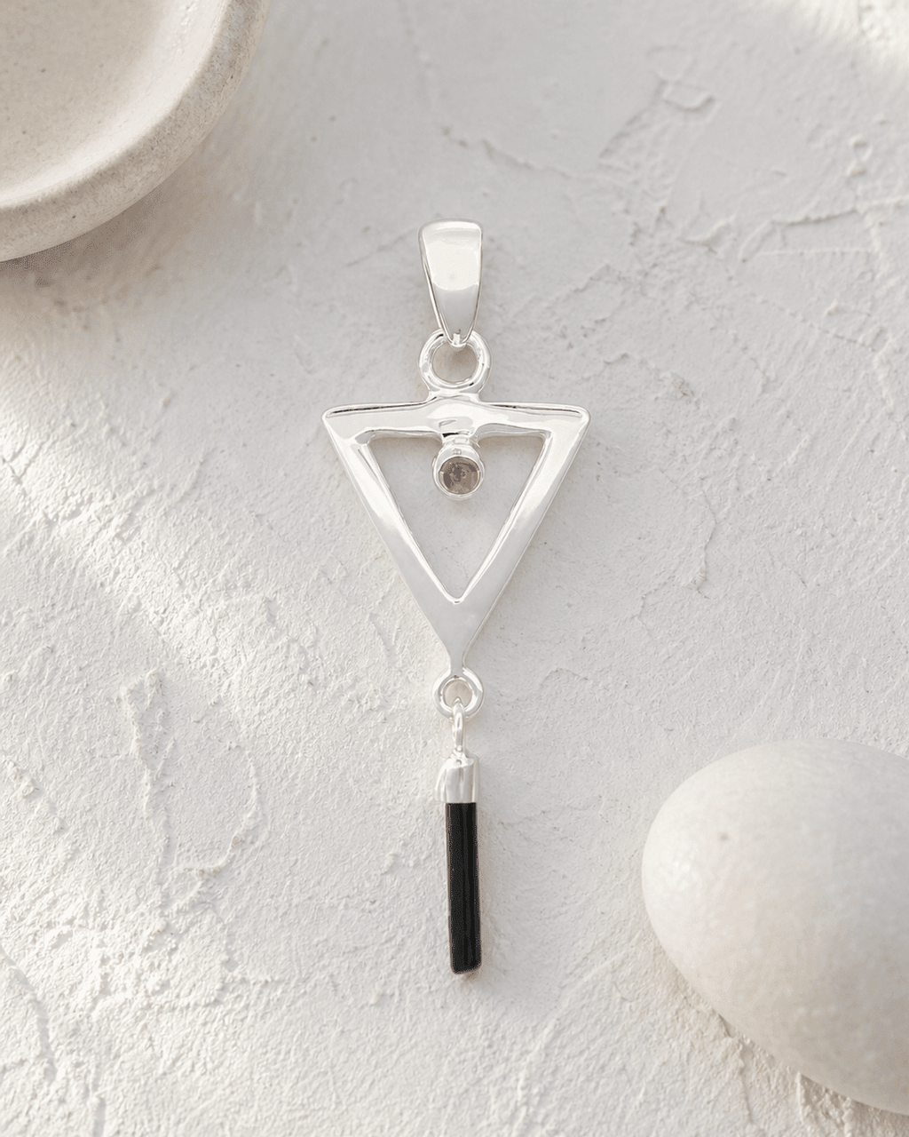 Sterling Silver Inverted Delta Pendant with Pink and Green Tourmaline - Charms & Pendants