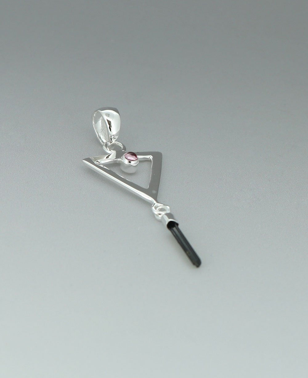 Sterling Silver Inverted Delta Shakti Pendant with Pink and Green Tourmaline - Charms & Pendants