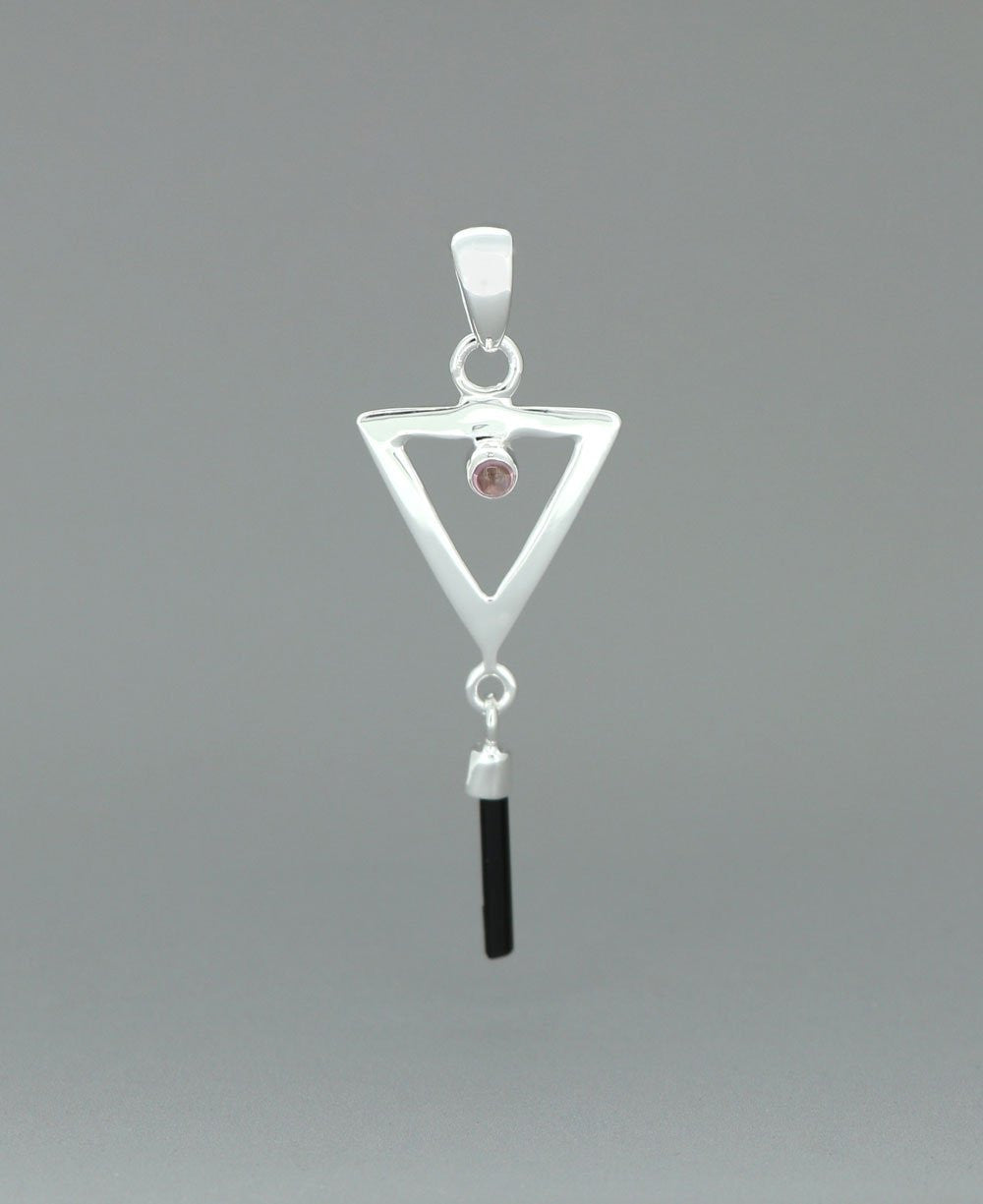Sterling Silver Inverted Delta Shakti Pendant with Pink and Green Tourmaline - Charms & Pendants