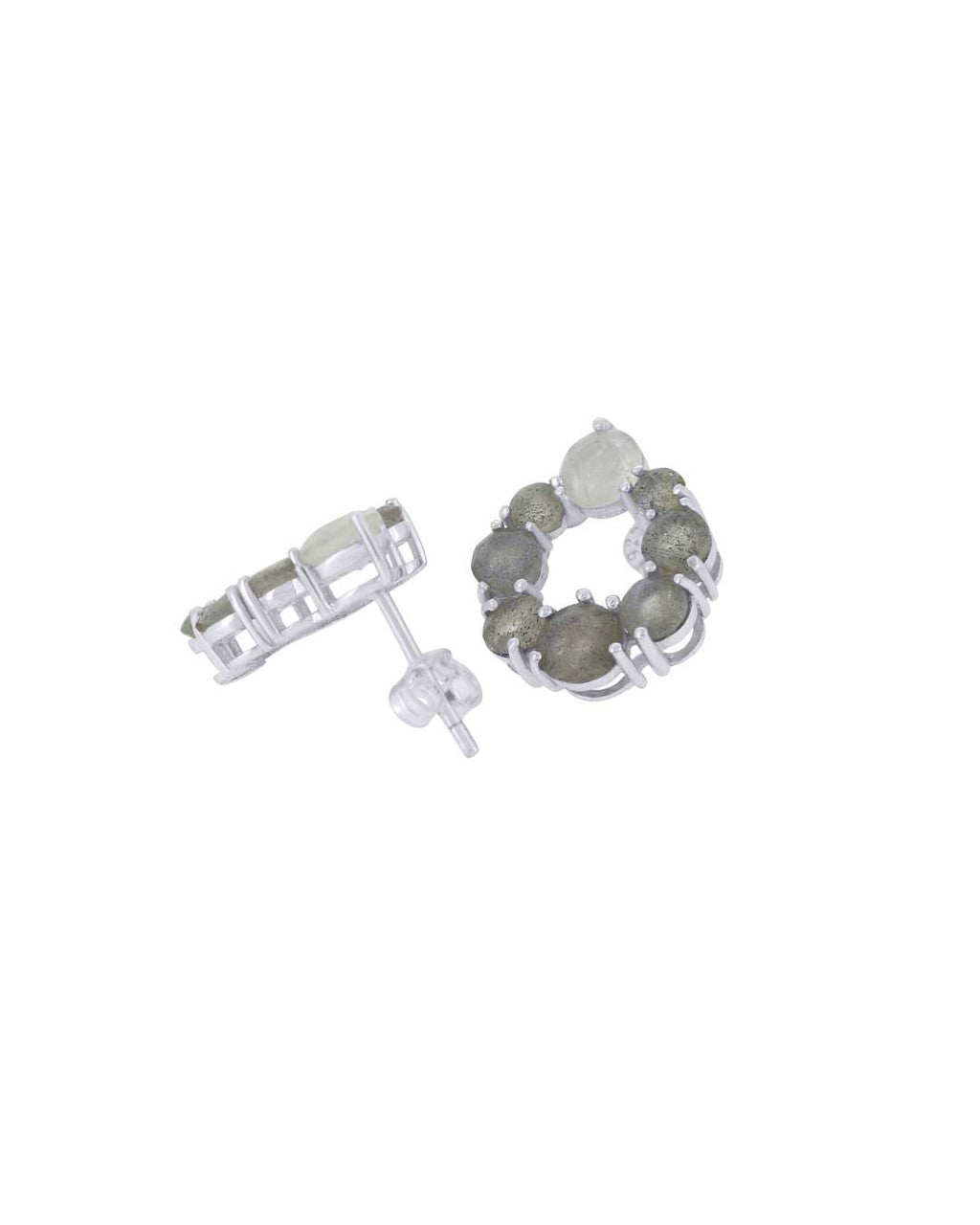 Sterling Silver Labradorite and Rainbow Moonstone Circle Post Earrings – 0.5" Studs with Prong Setting - Earrings