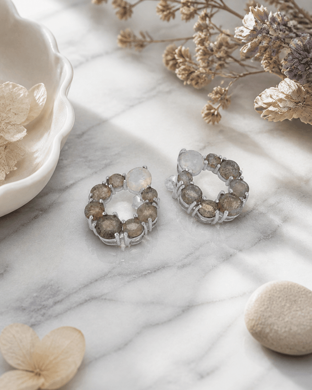 Sterling Silver Labradorite and Rainbow Moonstone Circle Post Earrings – 0.5" Studs with Prong Setting - Earrings