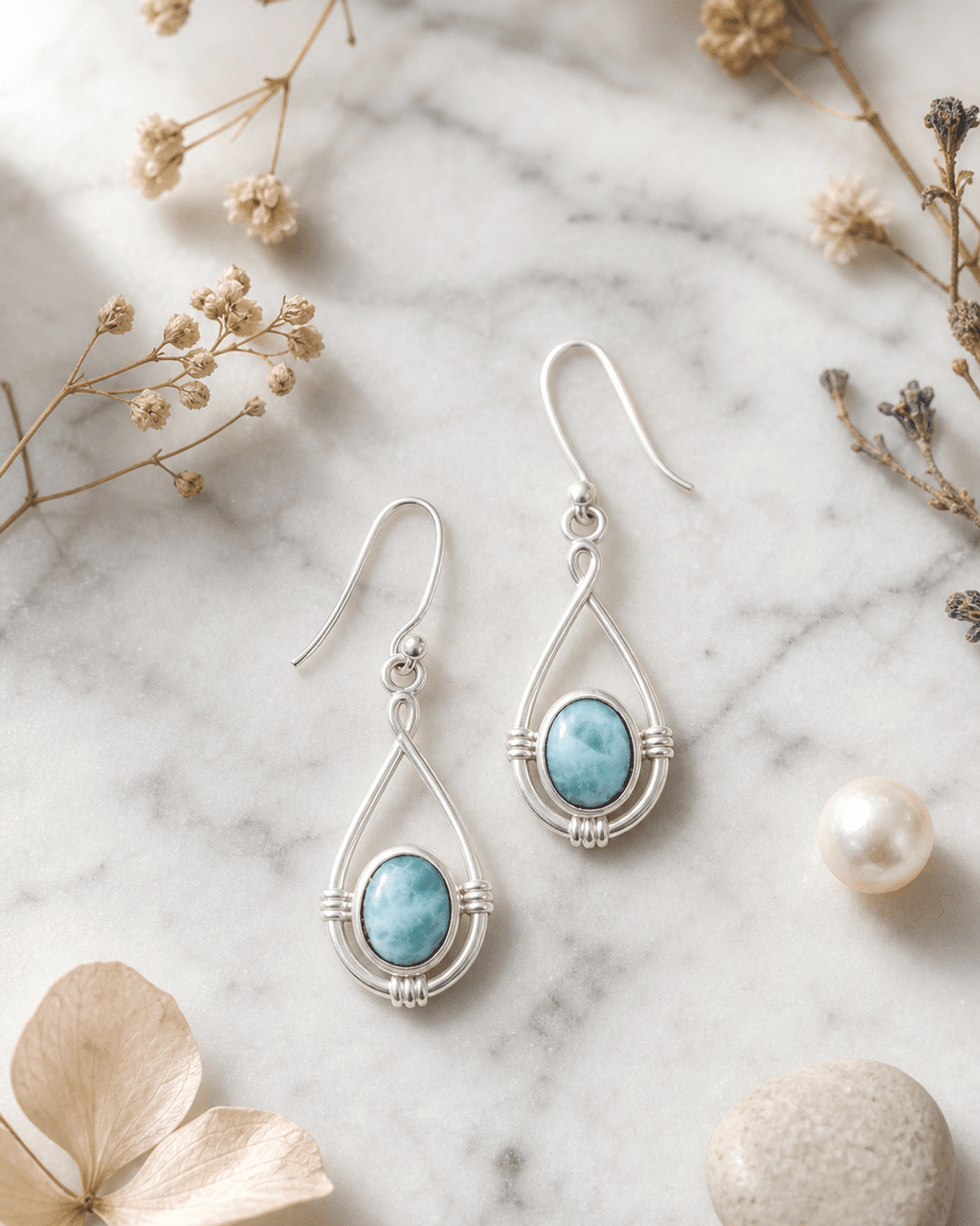 Sterling Silver Larimar Oval Earrings with Teardrop Twist Design Frame - Earrings