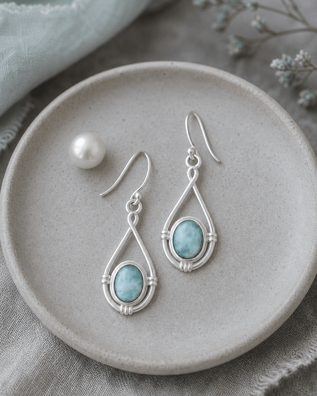 Sterling Silver Larimar Oval Earrings with Teardrop Twist Design Frame - Earrings