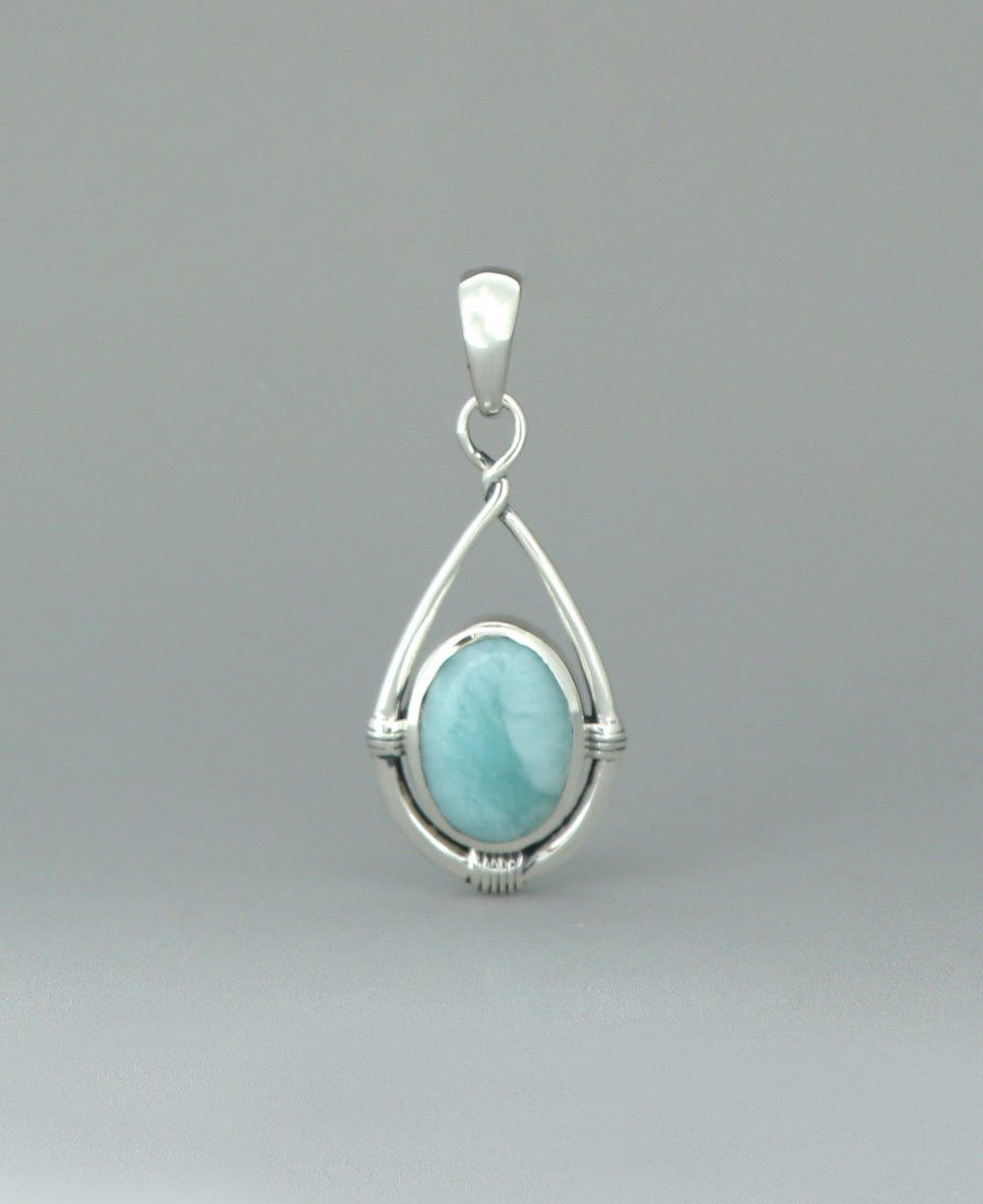 Sterling Silver Larimar Oval Pendant with Teardrop Twist Frame - Charms & Pendants