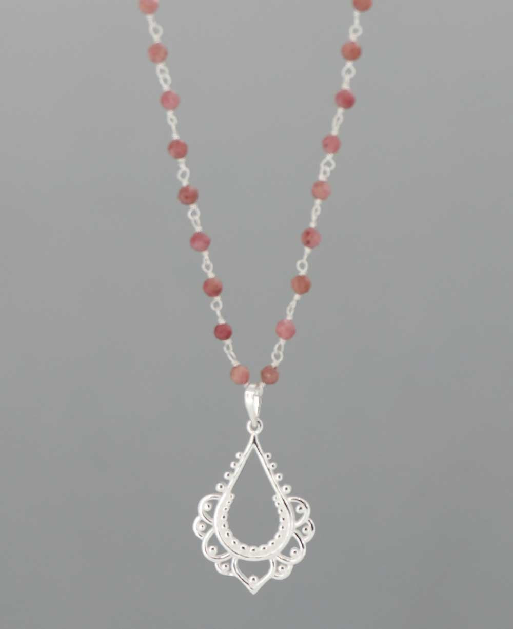 Sterling Silver Lotus and Rhodonite Bead Necklace - Necklaces
