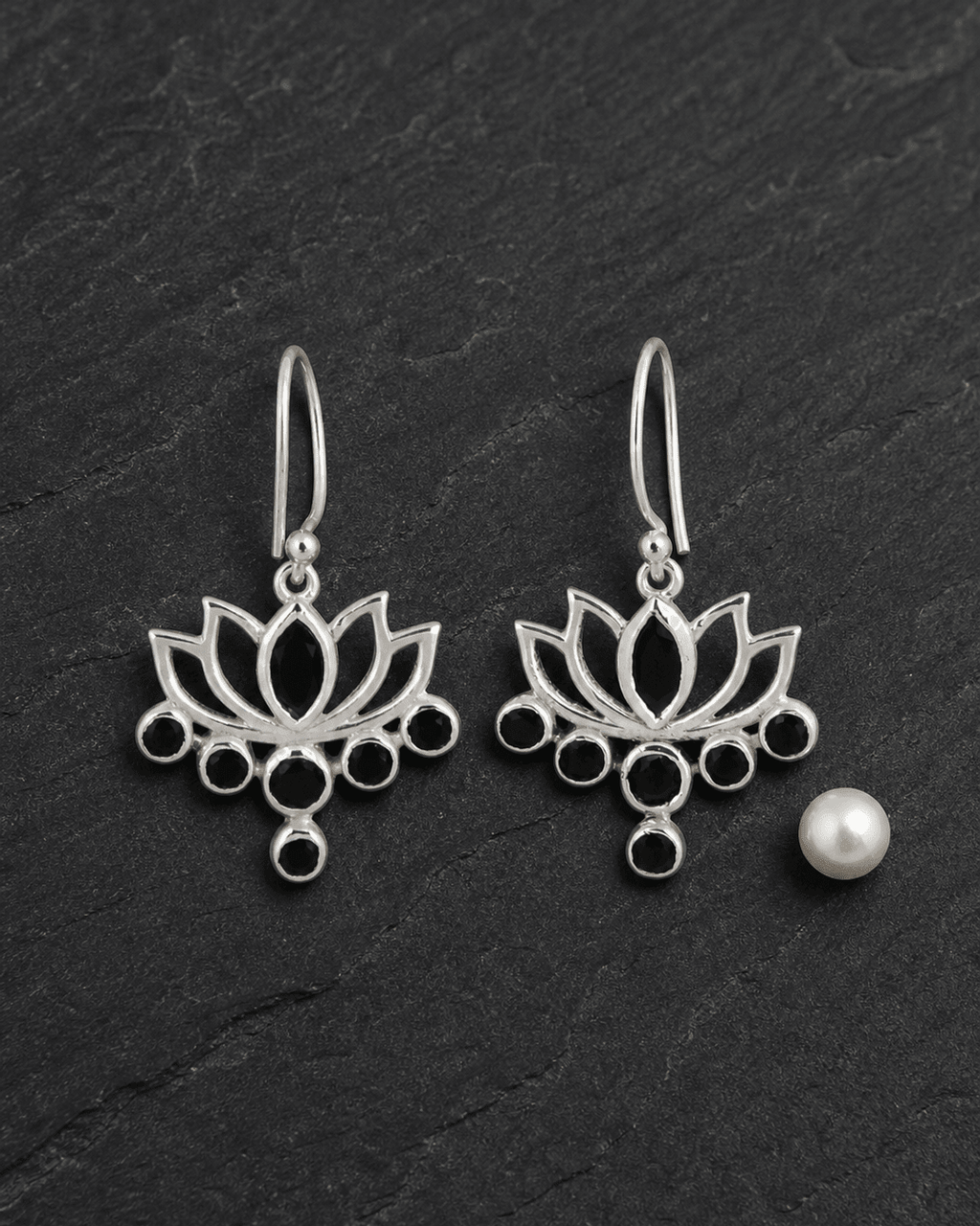 Sterling Silver Lotus Black Onyx Earrings - Earrings