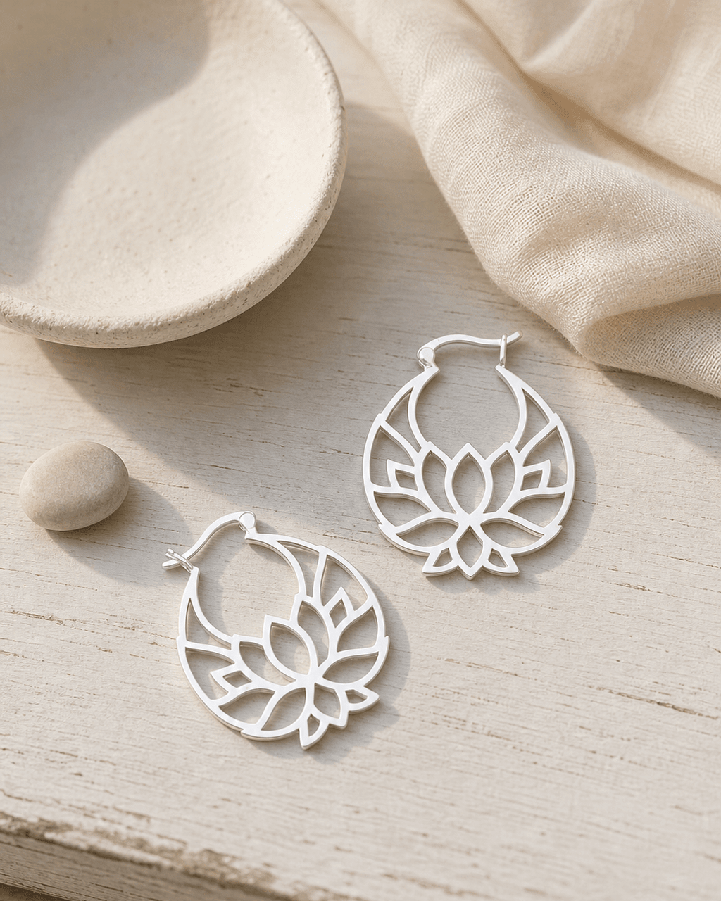 Sterling Silver Lotus Flower Hoop Earrings - Earrings
