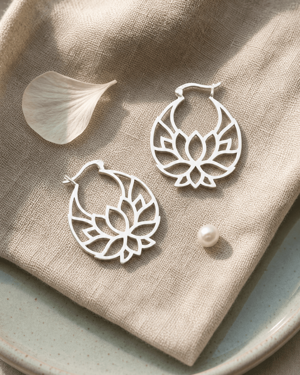 Sterling Silver Lotus Flower Hoop Earrings - Earrings