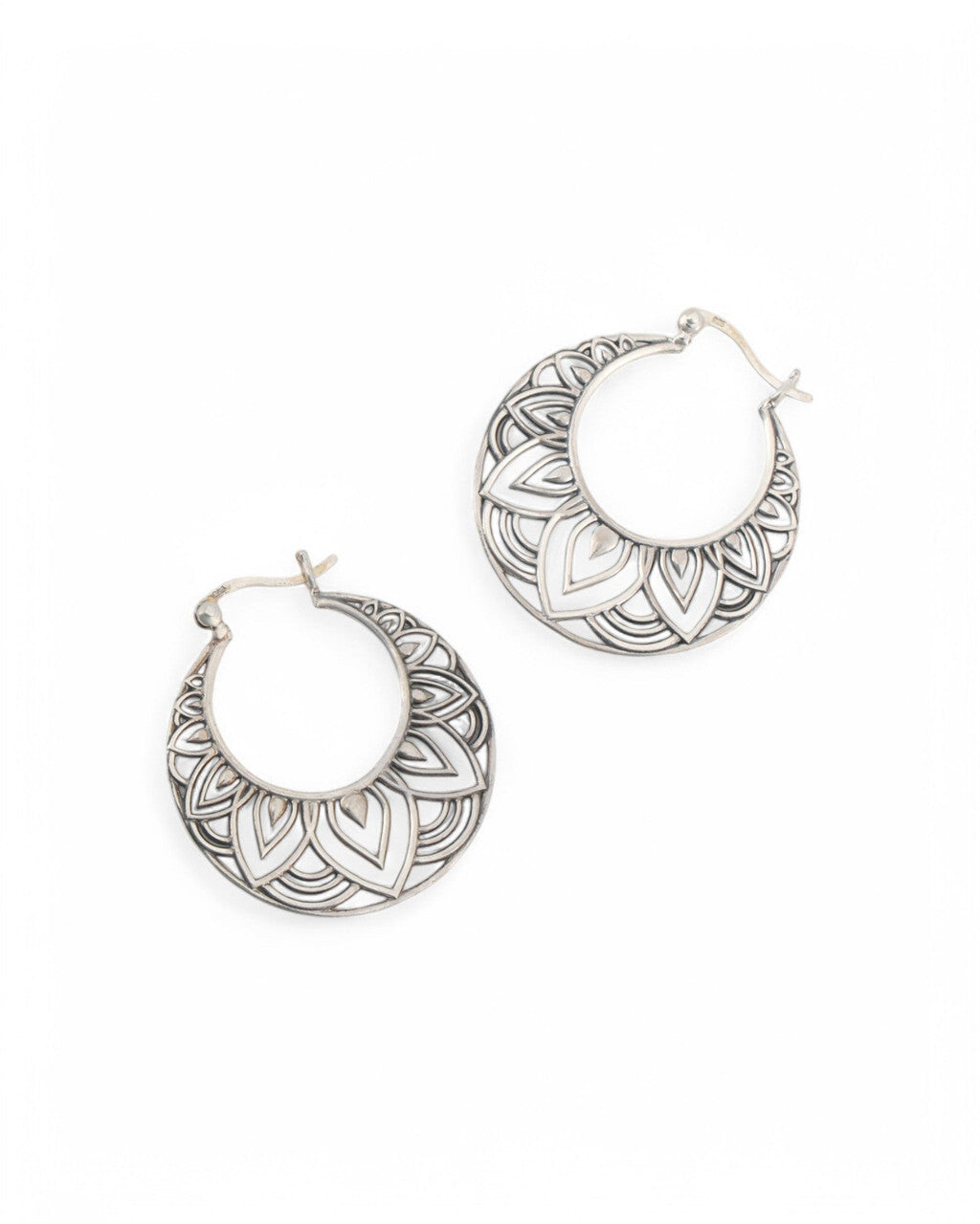 Sterling Silver Lotus Mandala Hoop Earrings - Earrings