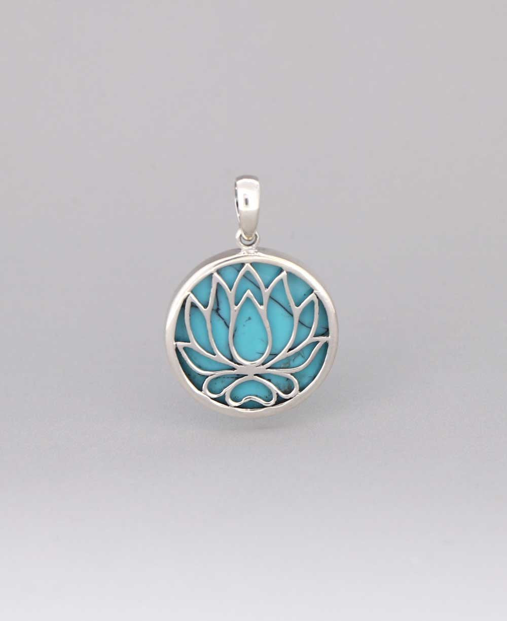 Sterling Silver Lotus Pendant with Reconstituted Turquoise - Charms & Pendants