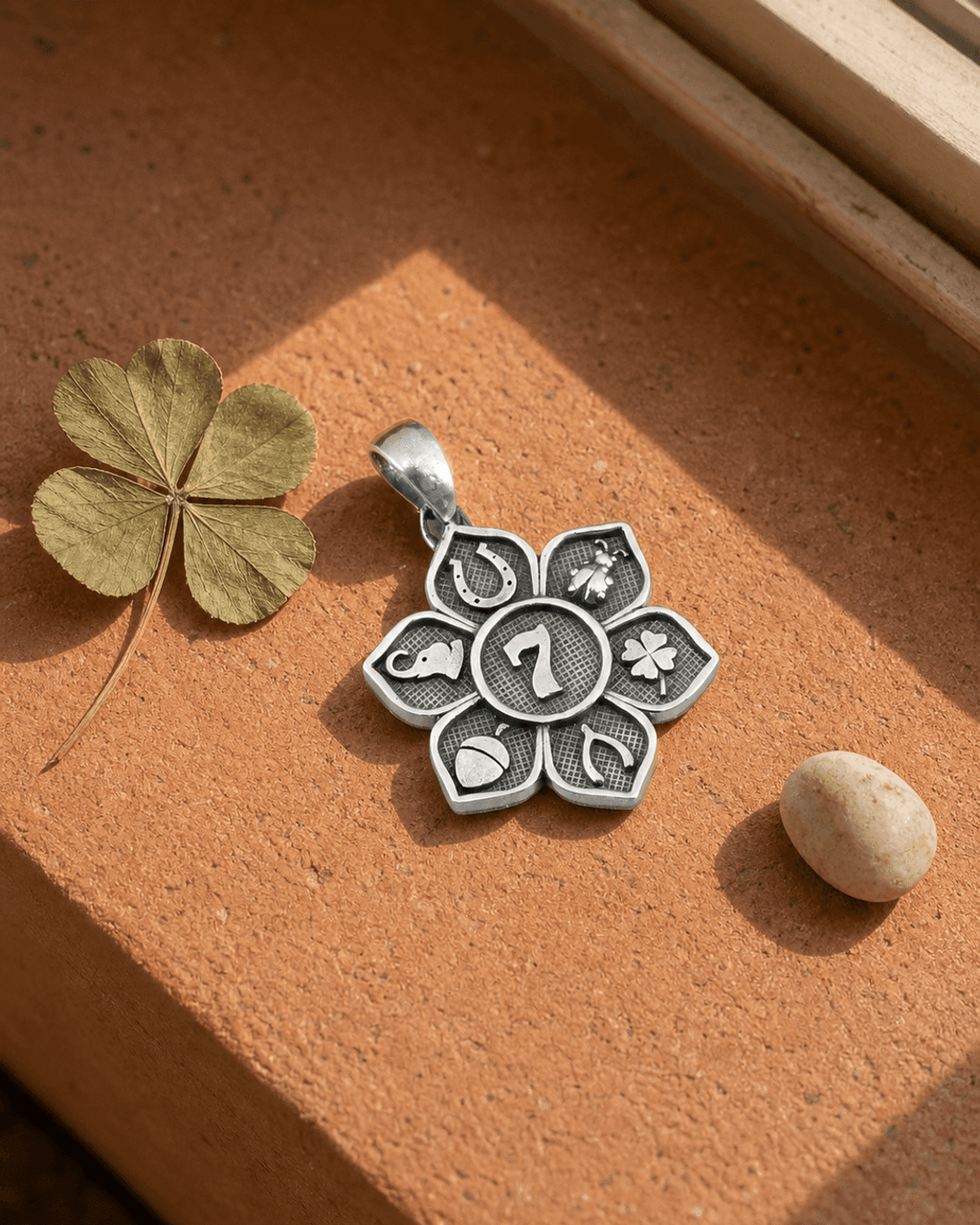 Sterling Silver Lucky Symbols Pendant – Engraved Good Fortune Talisman Charm - Charms & Pendants