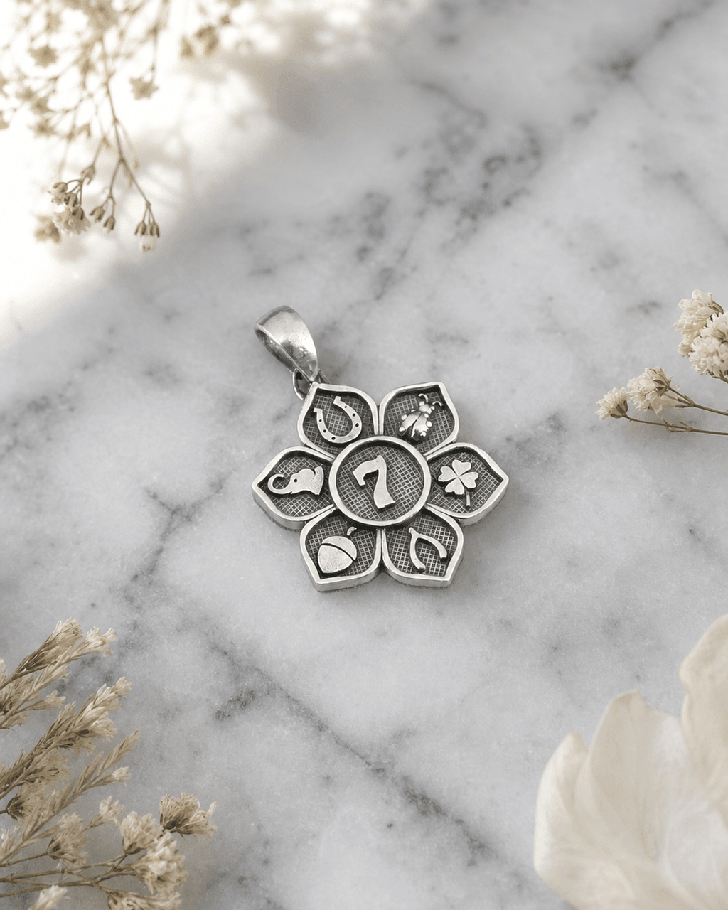 Sterling Silver Lucky Symbols Pendant – Engraved Good Fortune Talisman Charm - Charms & Pendants