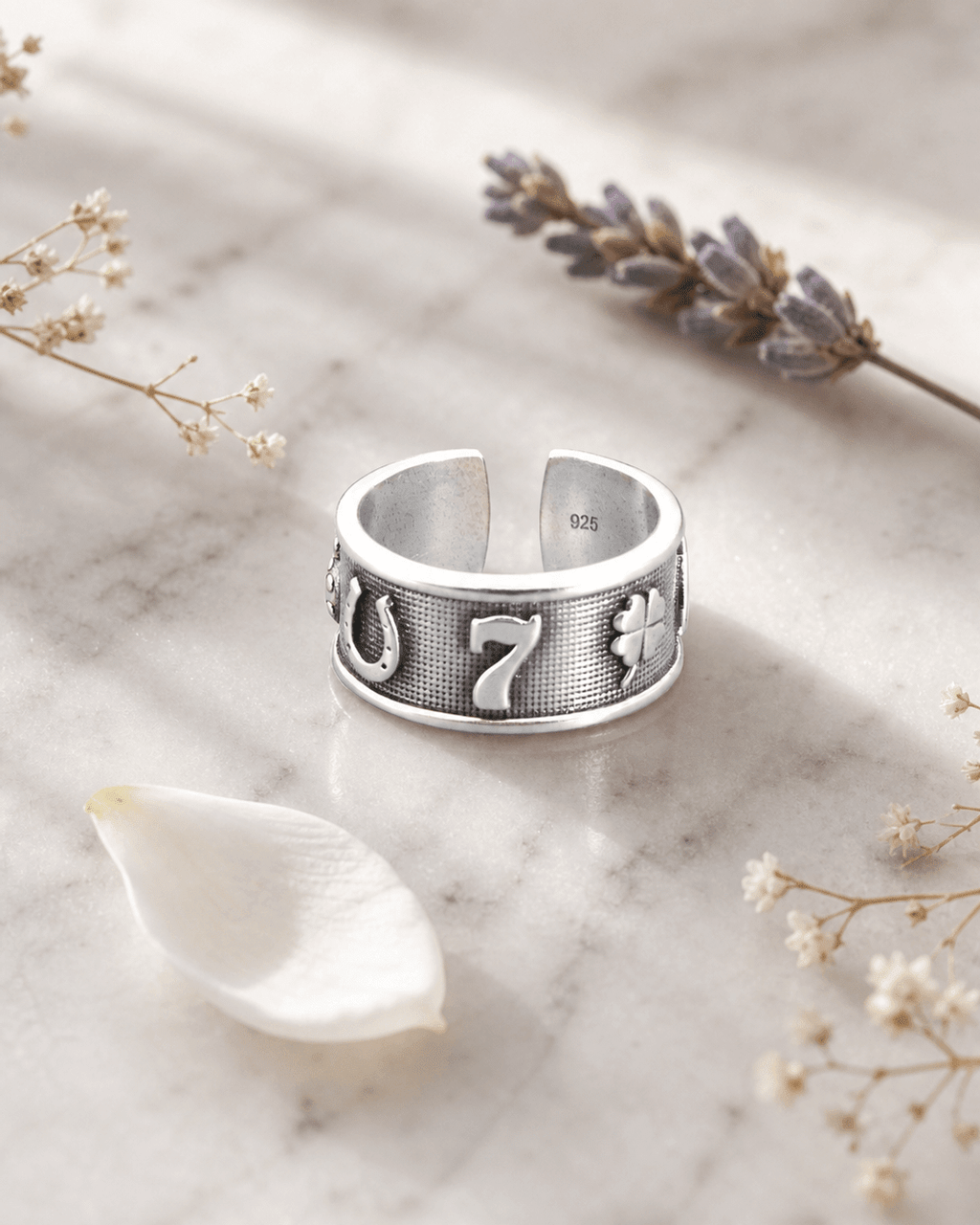 Sterling Silver Lucky Symbols Ring – Adjustable Band with Horseshoe, Ladybug, Four - Leaf Clover, 7, and Wishbone - Rings
