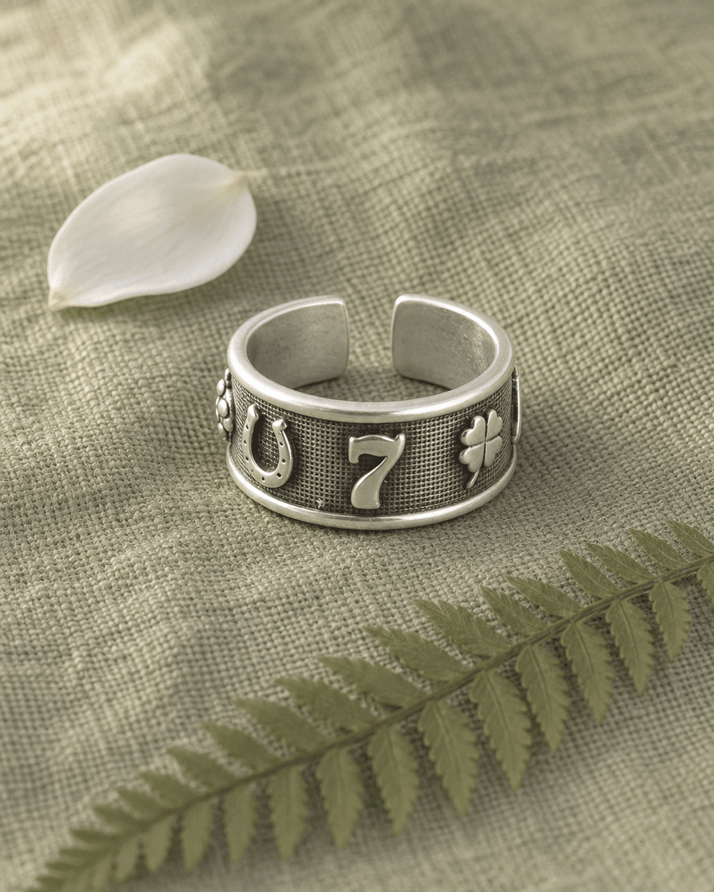 Sterling Silver Lucky Symbols Ring – Adjustable Band with Horseshoe, Ladybug, Four - Leaf Clover, 7, and Wishbone - Rings
