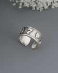 Sterling Silver Lucky Symbols Ring – Adjustable Band with Horseshoe, Ladybug, Four - Leaf Clover, 7, and Wishbone - Rings