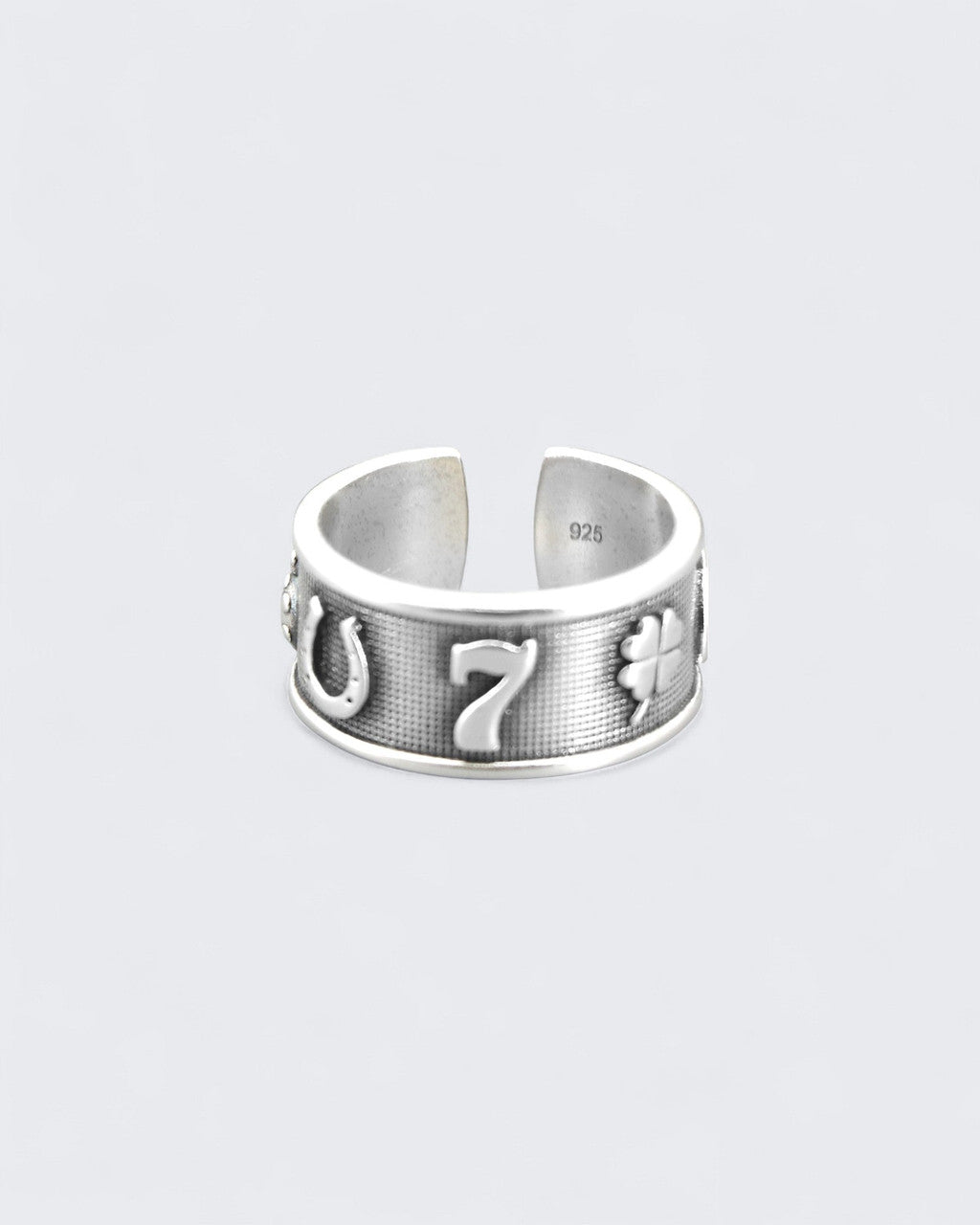 Sterling Silver Lucky Symbols Ring – Adjustable Band with Horseshoe, Ladybug, Four - Leaf Clover, 7, and Wishbone - Rings
