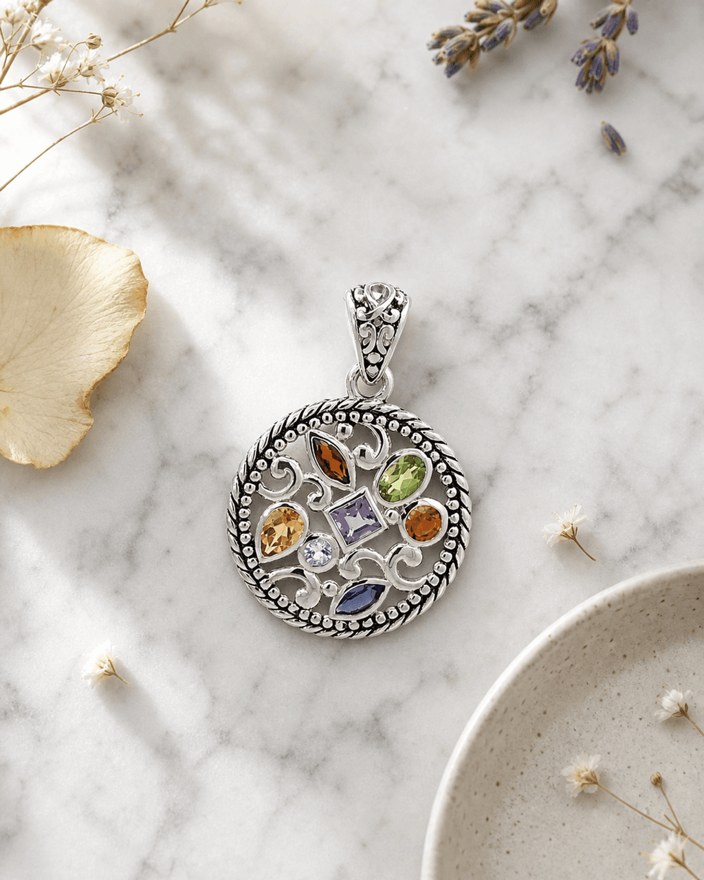 Sterling Silver Mixed Geometry Round Chakra Rainbow Pendant - Charms & Pendants