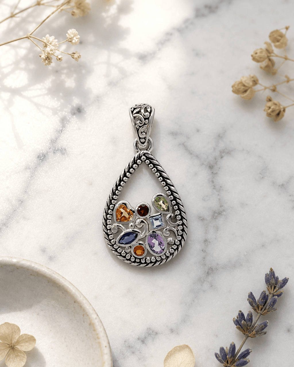 Sterling Silver Mixed Geometry Teardrop Chakra Rainbow Pendant - Charms & Pendants