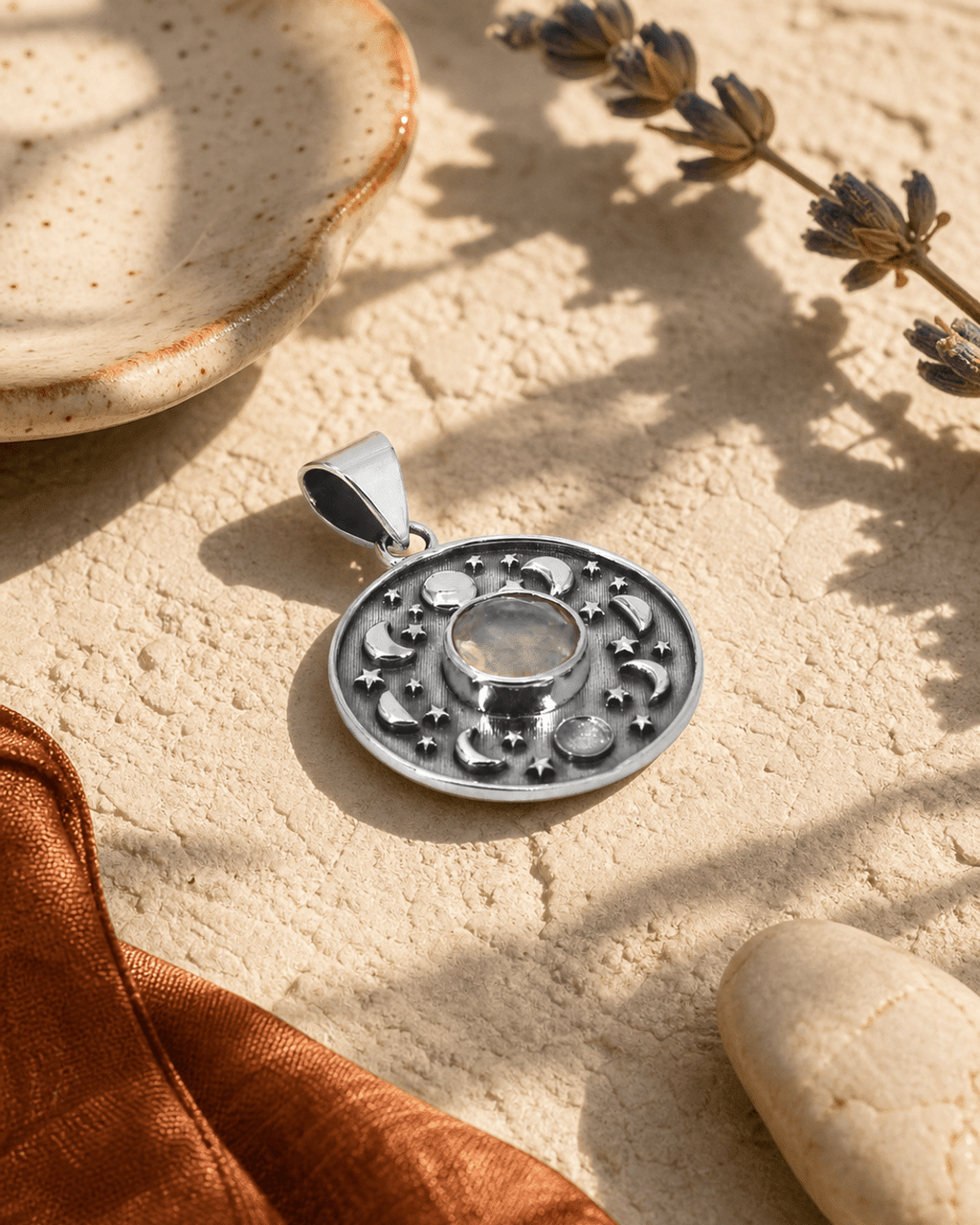 Sterling Silver Moon Phase Celestial Pendant with Moonstone - Charms & Pendants