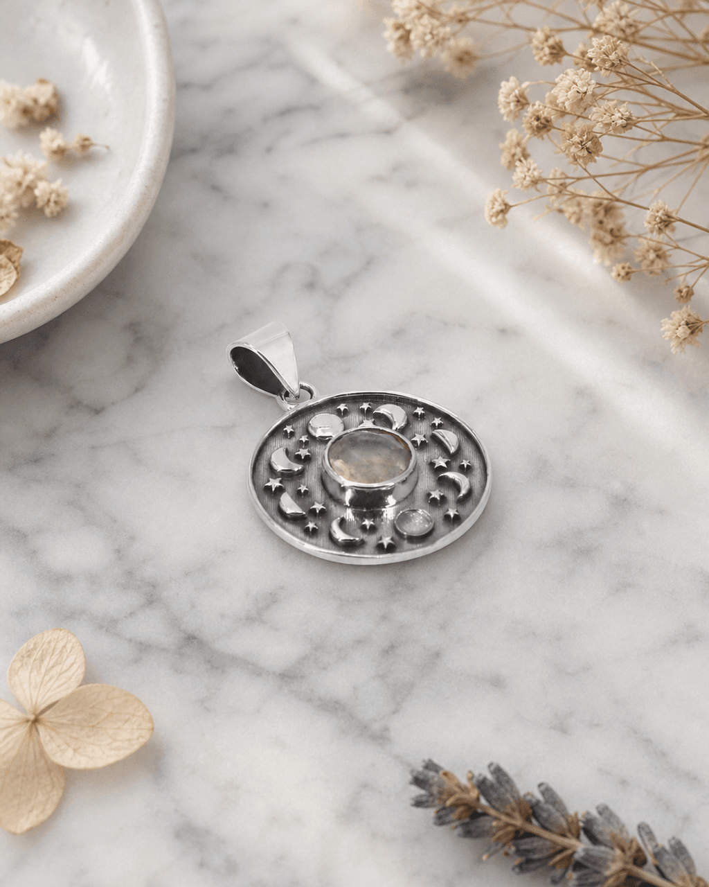 Sterling Silver Moon Phase Celestial Pendant with Moonstone - Charms & Pendants